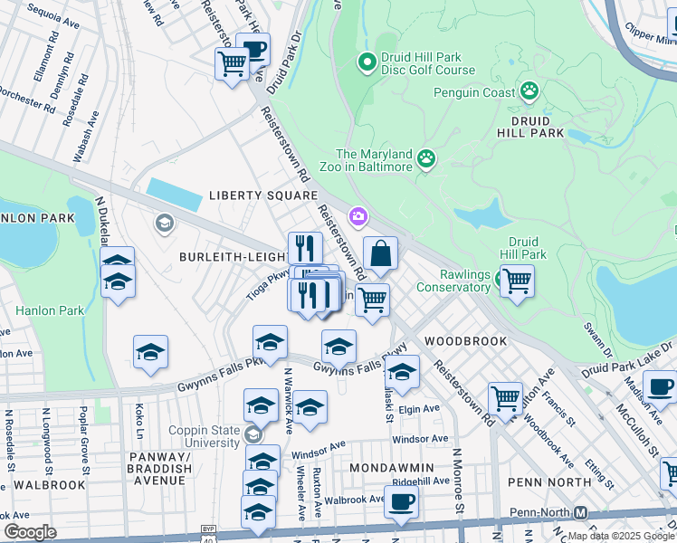 map of restaurants, bars, coffee shops, grocery stores, and more near 2406 Liberty Heights Avenue in Baltimore