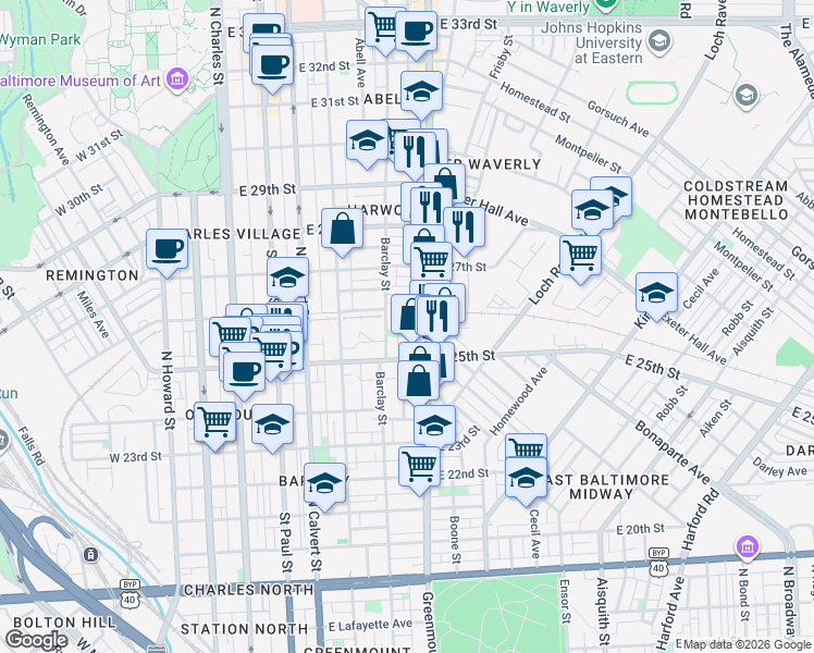 map of restaurants, bars, coffee shops, grocery stores, and more near 418 East 26th Street in Baltimore