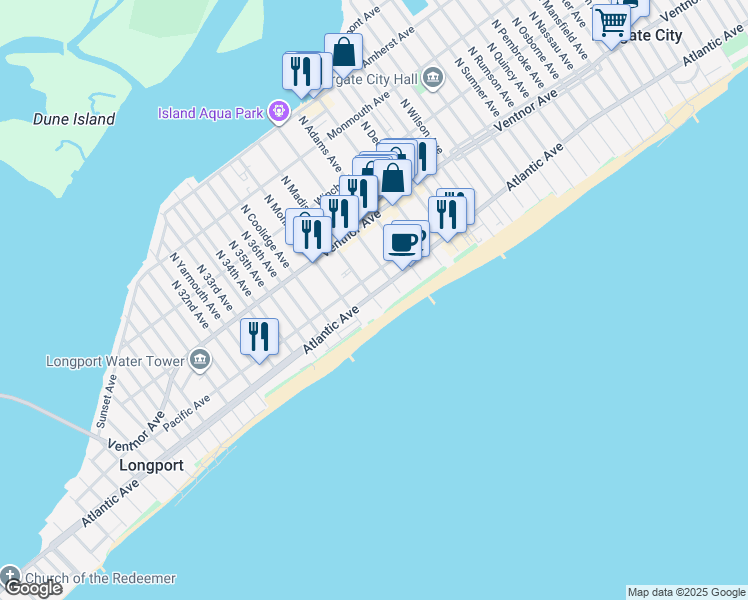 map of restaurants, bars, coffee shops, grocery stores, and more near 9500 Atlantic Avenue in Margate City