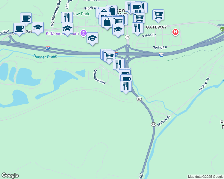 map of restaurants, bars, coffee shops, grocery stores, and more near 11420 Dolomite Way in Truckee