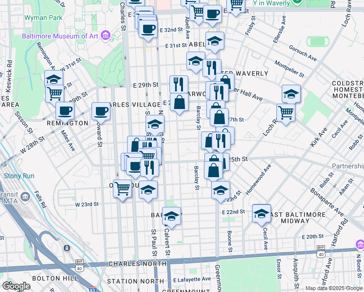 map of restaurants, bars, coffee shops, grocery stores, and more near 301 East 26th Street in Baltimore