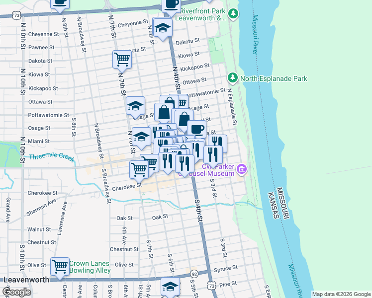 map of restaurants, bars, coffee shops, grocery stores, and more near 402 Shawnee Street in Leavenworth