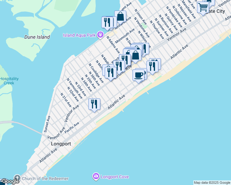 map of restaurants, bars, coffee shops, grocery stores, and more near 9707 Pacific Avenue in Margate City