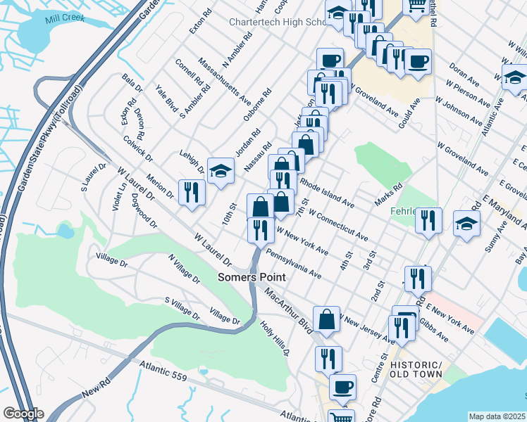 map of restaurants, bars, coffee shops, grocery stores, and more near in Somers Point