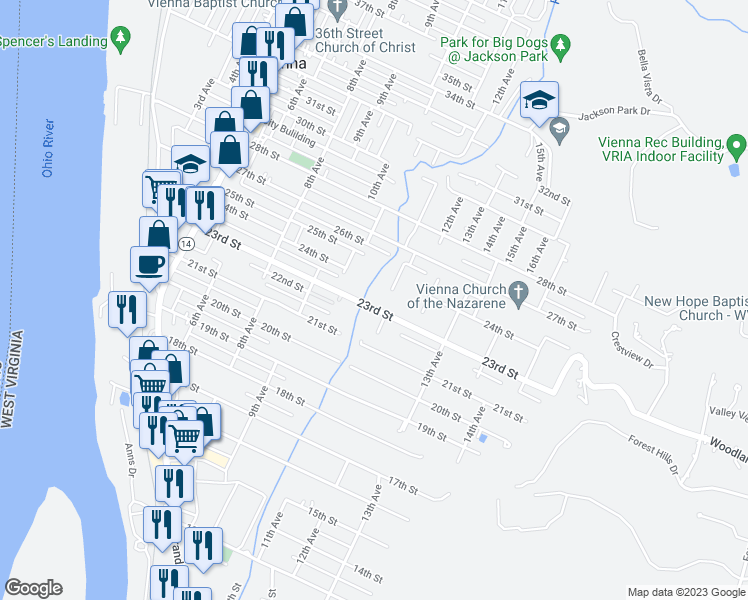 map of restaurants, bars, coffee shops, grocery stores, and more near 1007 23rd Street in Vienna