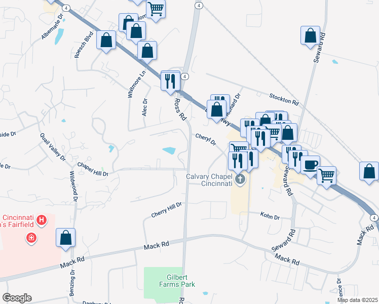 map of restaurants, bars, coffee shops, grocery stores, and more near 5877 Ross Road in Fairfield