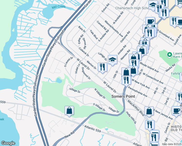 map of restaurants, bars, coffee shops, grocery stores, and more near 60 West Laurel Drive in Somers Point