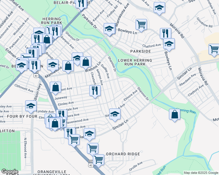 map of restaurants, bars, coffee shops, grocery stores, and more near 3633 Dudley Avenue in Baltimore