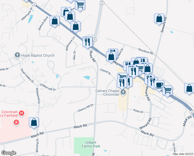 map of restaurants, bars, coffee shops, grocery stores, and more near 5860 Ross Road in Fairfield