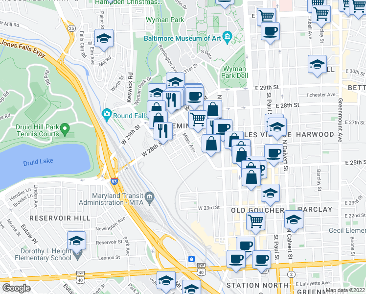 map of restaurants, bars, coffee shops, grocery stores, and more near West 27th Street & Hampden Avenue in Baltimore