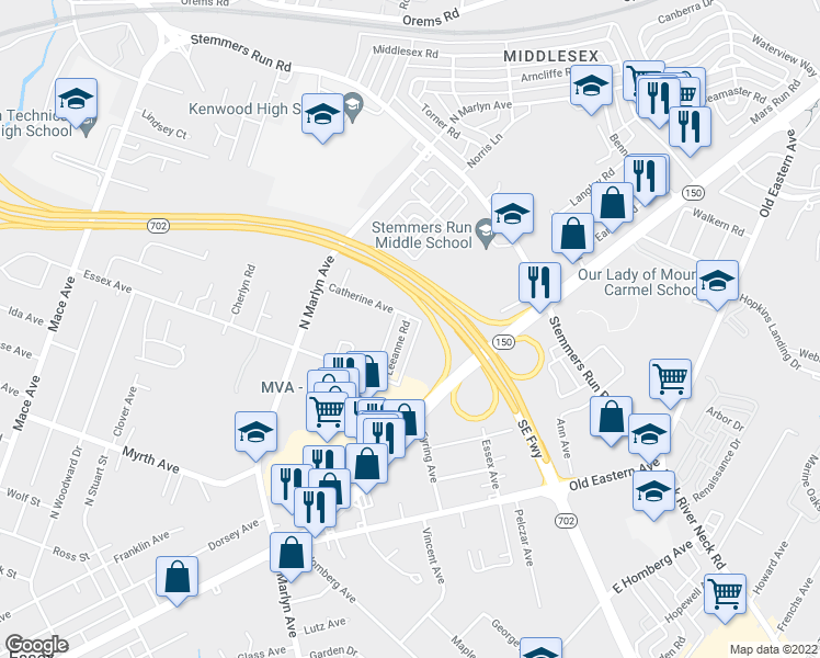 map of restaurants, bars, coffee shops, grocery stores, and more near 339 Leeanne Road in Essex