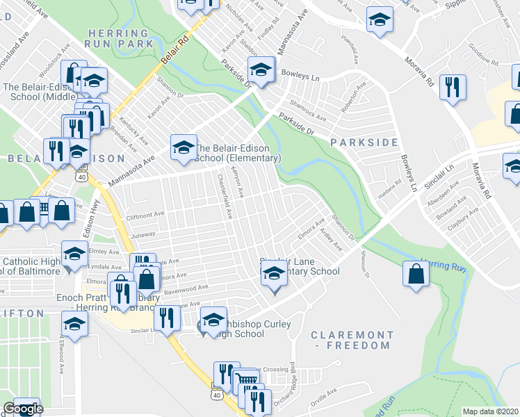 map of restaurants, bars, coffee shops, grocery stores, and more near 3629 Dudley Avenue in Baltimore