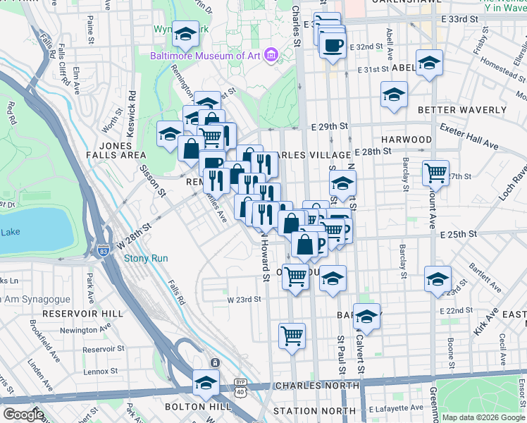 map of restaurants, bars, coffee shops, grocery stores, and more near North Howard Street & West 26th Street in Baltimore
