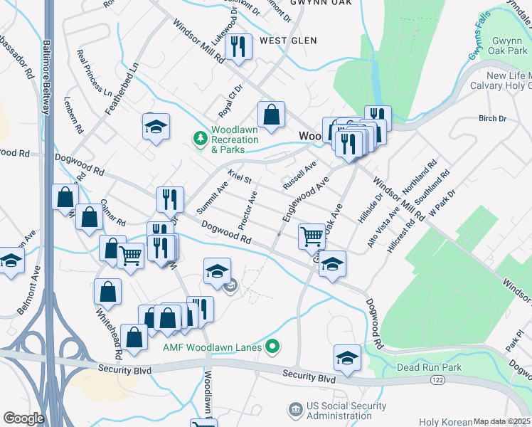 map of restaurants, bars, coffee shops, grocery stores, and more near 6433 Gilmore Street in Woodlawn