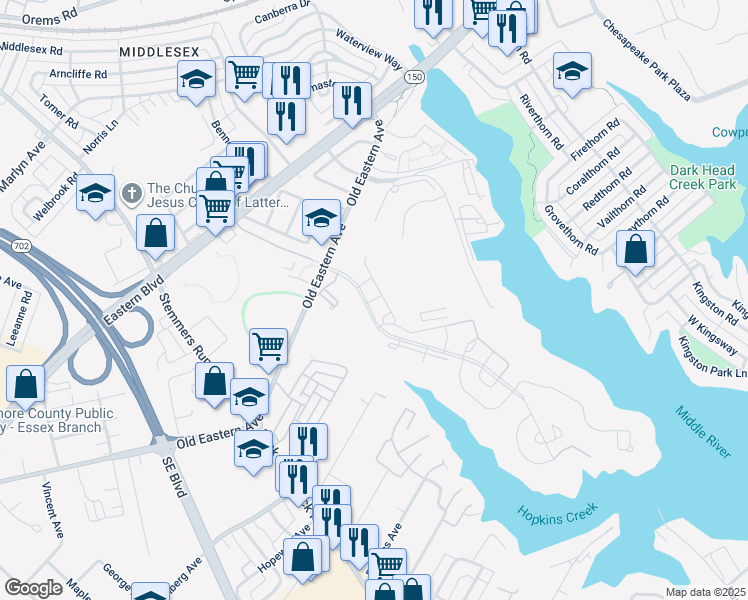 map of restaurants, bars, coffee shops, grocery stores, and more near 1700 Back Bay Road in Essex