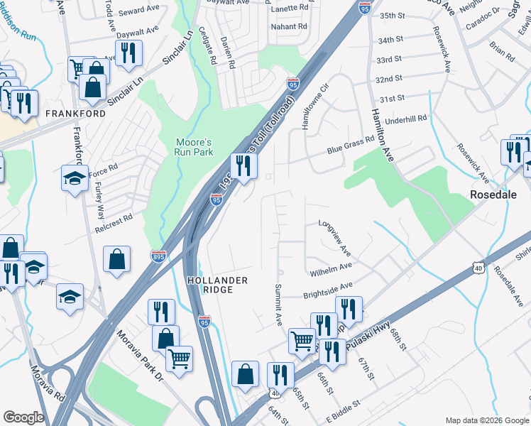 map of restaurants, bars, coffee shops, grocery stores, and more near 2129 East Boundary Avenue in Rosedale