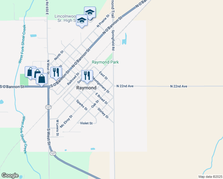 map of restaurants, bars, coffee shops, grocery stores, and more near 206 Oak Street in Raymond