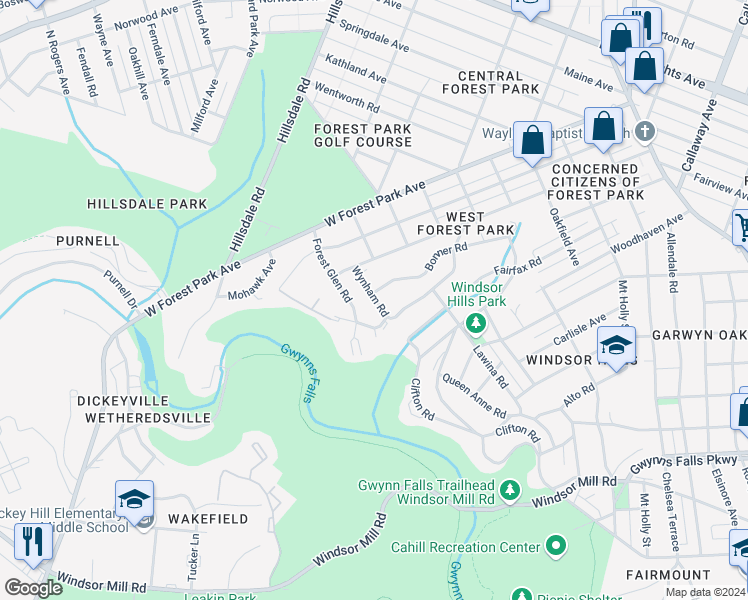 map of restaurants, bars, coffee shops, grocery stores, and more near 2907 Wynham Road in Baltimore