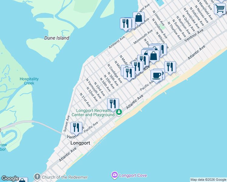 map of restaurants, bars, coffee shops, grocery stores, and more near 3 North 34th Avenue in Longport