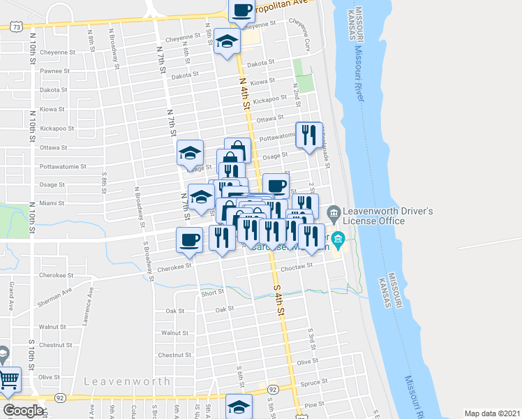 map of restaurants, bars, coffee shops, grocery stores, and more near 400 Shawnee Street in Leavenworth