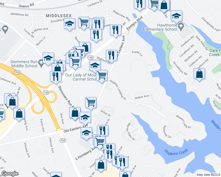 map of restaurants, bars, coffee shops, grocery stores, and more near 1931 Kathryns Court in Essex