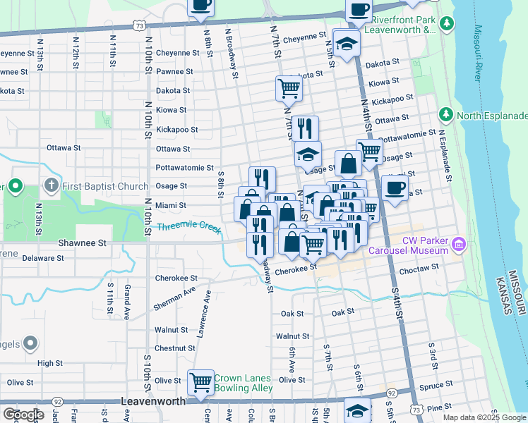 map of restaurants, bars, coffee shops, grocery stores, and more near 200 North Broadway Street in Leavenworth