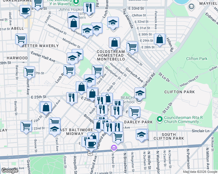 map of restaurants, bars, coffee shops, grocery stores, and more near 2560 Robb Street in Baltimore
