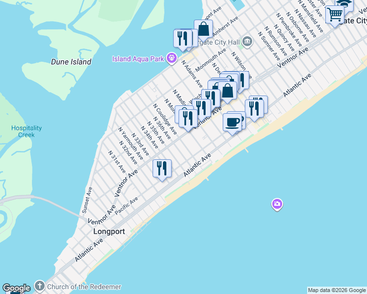 map of restaurants, bars, coffee shops, grocery stores, and more near 3600 Ventnor Avenue in Longport