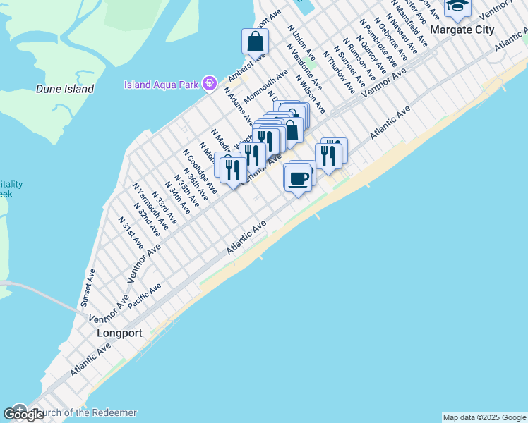 map of restaurants, bars, coffee shops, grocery stores, and more near 9610 Pacific Avenue in Margate City
