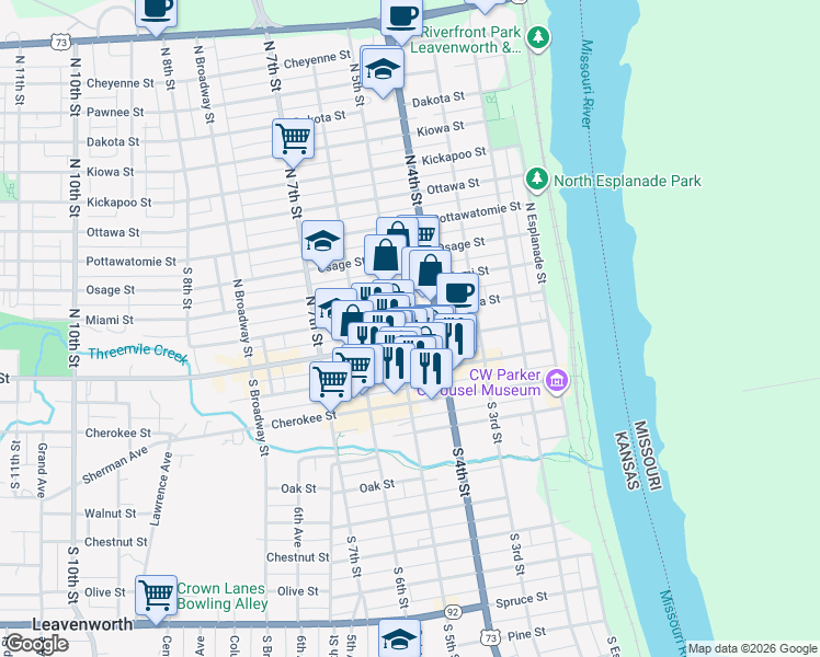 map of restaurants, bars, coffee shops, grocery stores, and more near 100 North 5th Street in Leavenworth