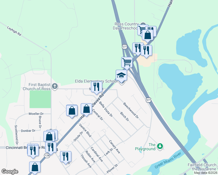 map of restaurants, bars, coffee shops, grocery stores, and more near 2393 Elda Drive in Fairfield