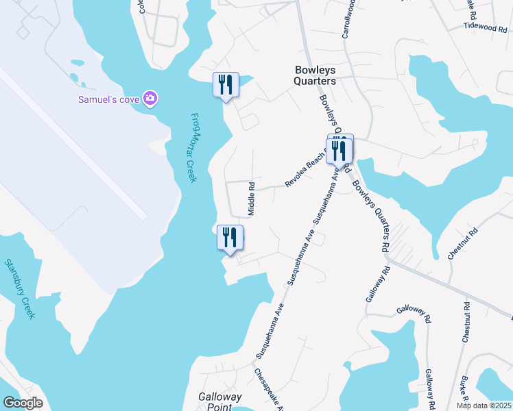 map of restaurants, bars, coffee shops, grocery stores, and more near 909 Middle Road in Middle River