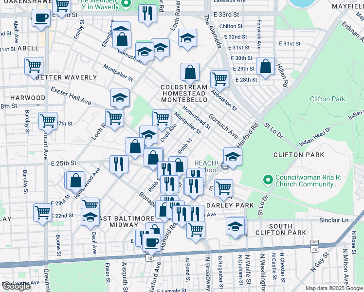 map of restaurants, bars, coffee shops, grocery stores, and more near 2564 Robb Street in Baltimore