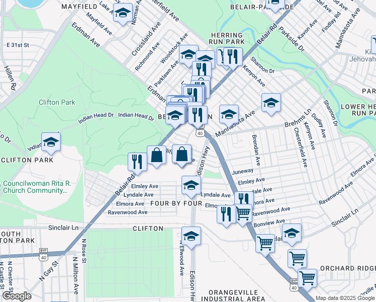 map of restaurants, bars, coffee shops, grocery stores, and more near 3207 Lawnview Avenue in Baltimore