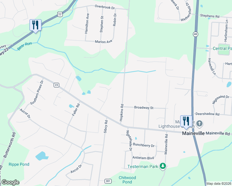 map of restaurants, bars, coffee shops, grocery stores, and more near 7903 Hopkins Road in Maineville