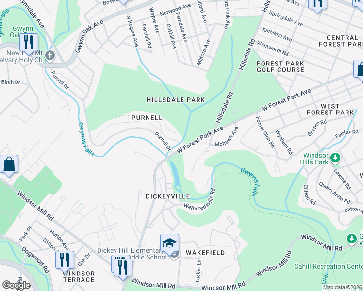 map of restaurants, bars, coffee shops, grocery stores, and more near 5000 West Forest Park Avenue in Baltimore