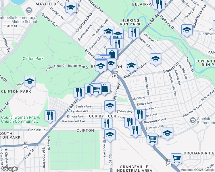 map of restaurants, bars, coffee shops, grocery stores, and more near 3205 Lawnview Avenue in Baltimore