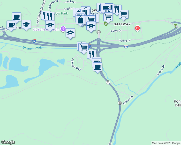 map of restaurants, bars, coffee shops, grocery stores, and more near 11399 Deerfield Drive in Truckee