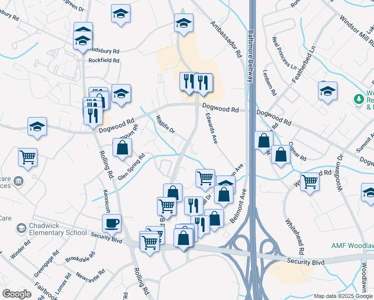 map of restaurants, bars, coffee shops, grocery stores, and more near 2032 Lord Baltimore Drive in Woodlawn