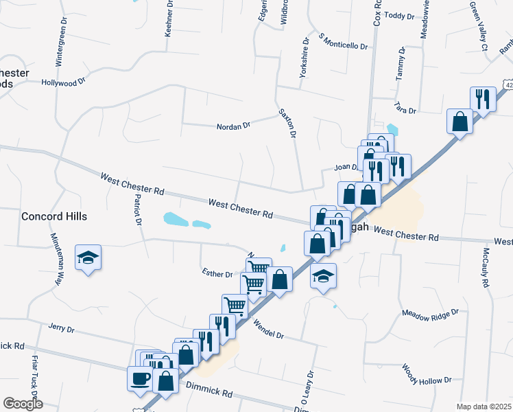 map of restaurants, bars, coffee shops, grocery stores, and more near 7604 West Chester Road in Butler County
