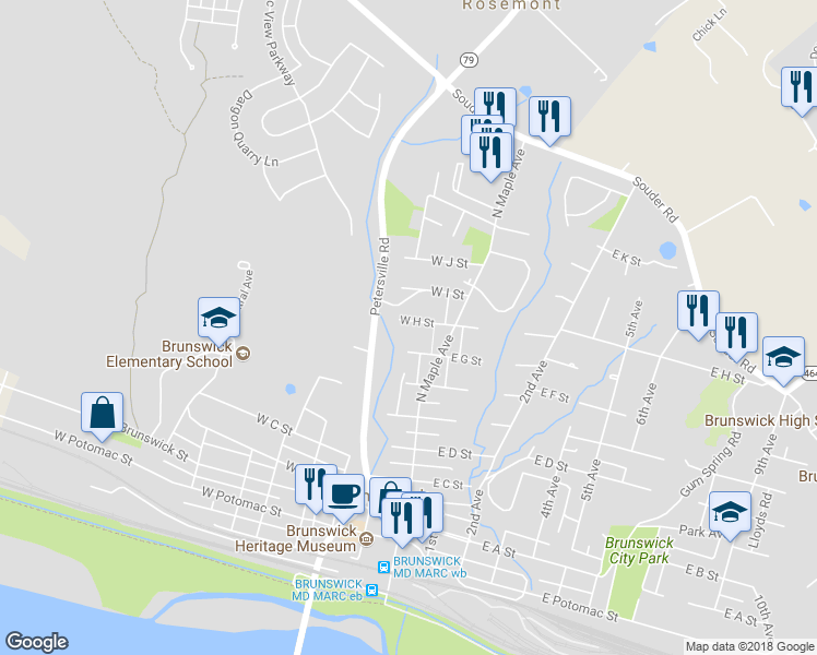 map of restaurants, bars, coffee shops, grocery stores, and more near 21 West H Street in Brunswick