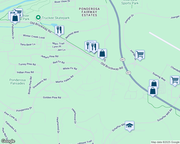 map of restaurants, bars, coffee shops, grocery stores, and more near 10081 Martis Valley Road in Truckee