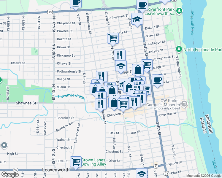 map of restaurants, bars, coffee shops, grocery stores, and more near 724 Seneca Street in Leavenworth