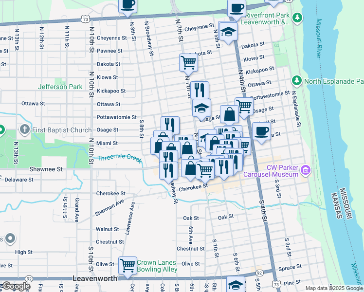 map of restaurants, bars, coffee shops, grocery stores, and more near 724 Seneca Street in Leavenworth