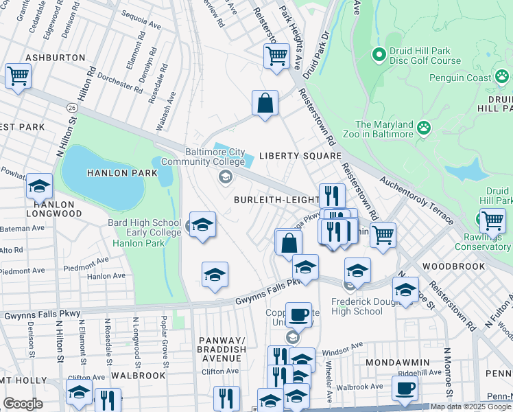 map of restaurants, bars, coffee shops, grocery stores, and more near 3306 Burleith Avenue in Baltimore