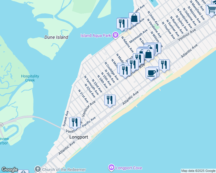 map of restaurants, bars, coffee shops, grocery stores, and more near 3 North 34th Avenue in Longport