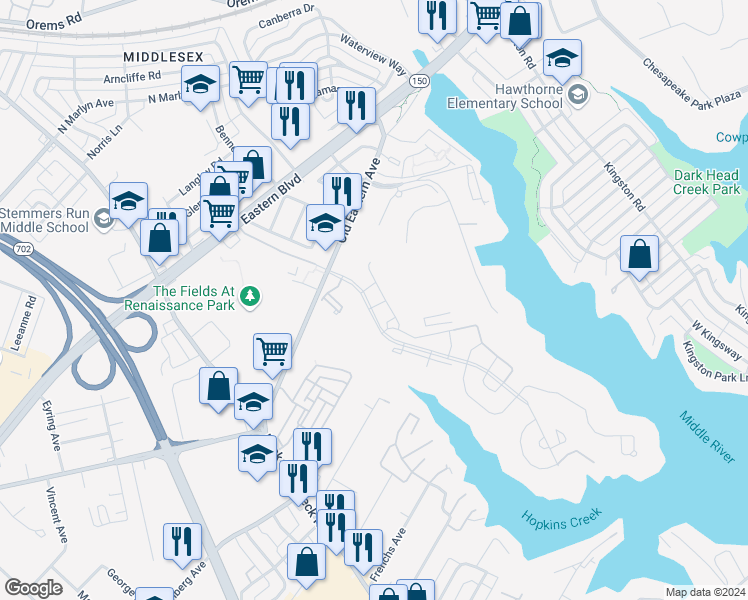 map of restaurants, bars, coffee shops, grocery stores, and more near 1700 Back Bay Road in Essex