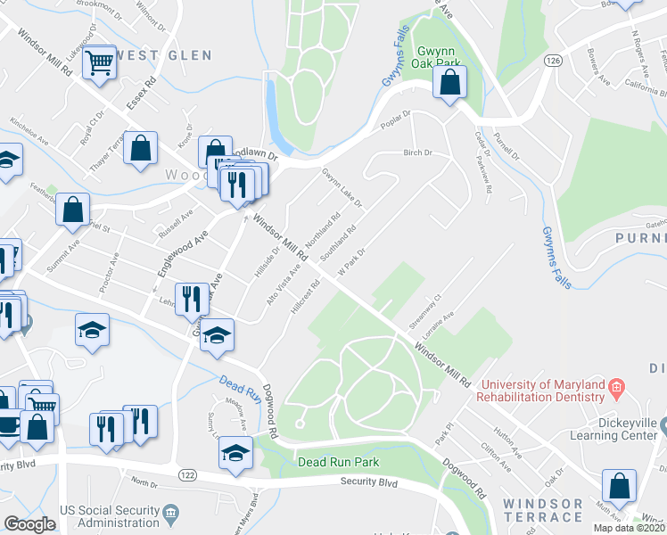 map of restaurants, bars, coffee shops, grocery stores, and more near 2687 West Park Drive in Baltimore