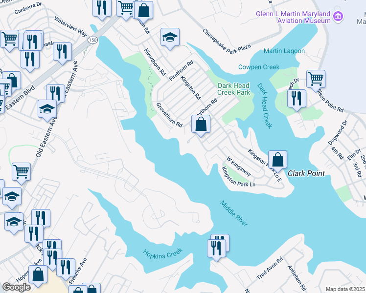 map of restaurants, bars, coffee shops, grocery stores, and more near 7 Kingston Cove Road in Middle River