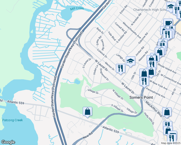 map of restaurants, bars, coffee shops, grocery stores, and more near 14 Wisteria Walk in Somers Point